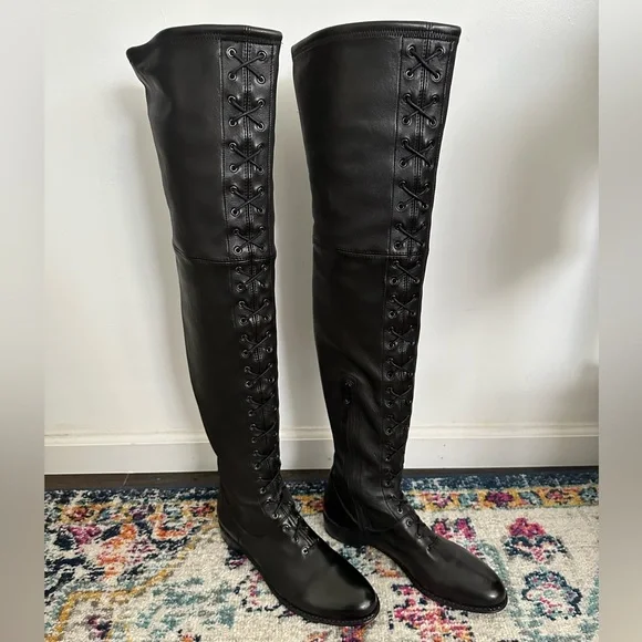 Stuart Weitzman Exes Black Leather Lace Up OTK Boots Size 9.5 - Picture 1 of 10